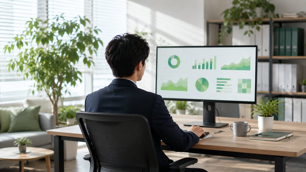 オフィスでダッシュボードを確認するビジネスパーソンの後ろ姿
