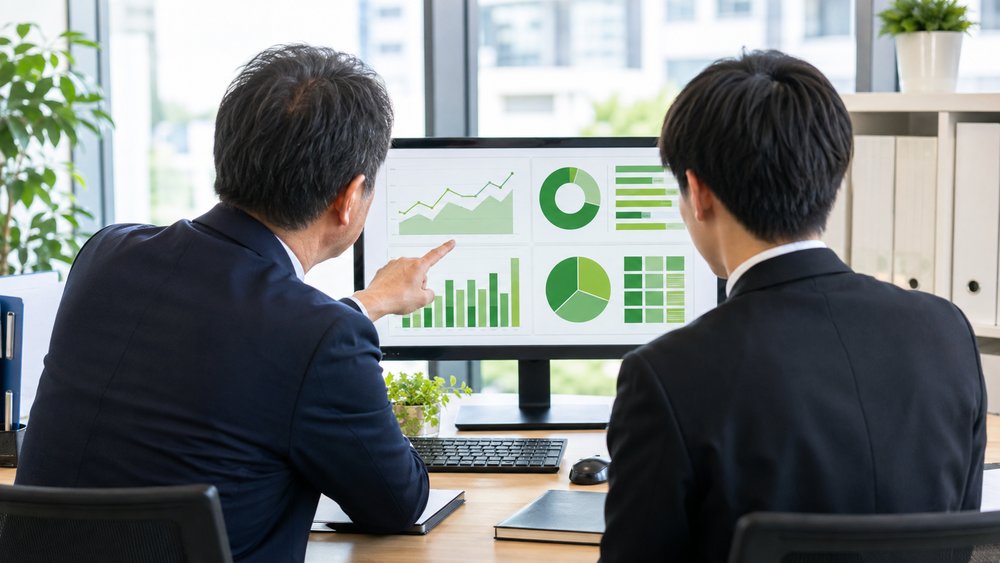 モニターのダッシュボード操作を教わる社員の後ろ姿