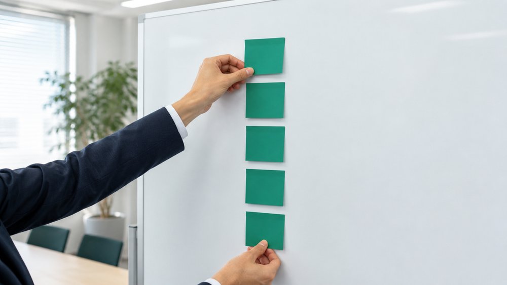 ホワイトボードで優先順位を整理する手元